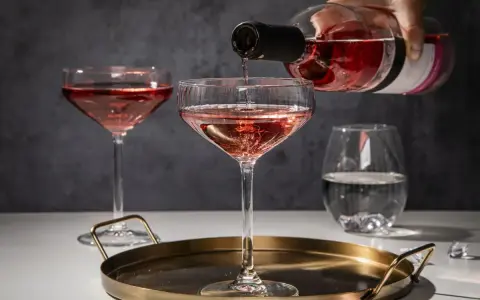 Różowe wino nalewane do kieliszka typu coupe. Zastanawiasz się, jakie kieliszki do jakiego wina? Tutaj widzisz przykład.