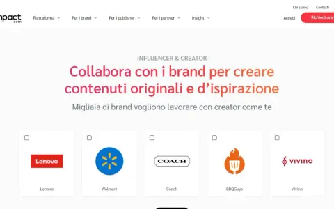Piattaforma di marketing di affiliazione che connette creator e brand. Logo Impact.com e loghi di brand come Lenovo, Walmart, Coach, BBQGuys, Vivino.