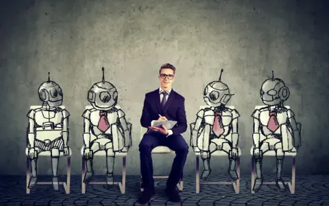 Młody człowiek w garniturze siedzi pośrodku rzędu robotów, przygotowując się do rozmowy kwalifikacyjnej. To wizja przyszłości i zawody przyszłości.