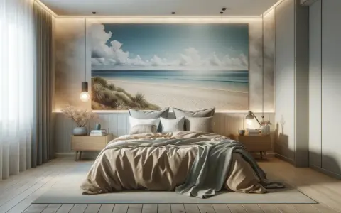 Traumhafte schlafzimmer ideen: Ein Strandmotiv an der Wand bringt Urlaubsfeeling. Gemütliches Bett mit beiger Decke und grauen Kissen.