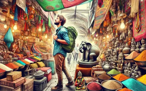 Kolorowy bazar w Indiach. Turysta z plecakiem zastanawia się, co przywieźć z Indii do Polski: przyprawy, figurki, tkaniny?