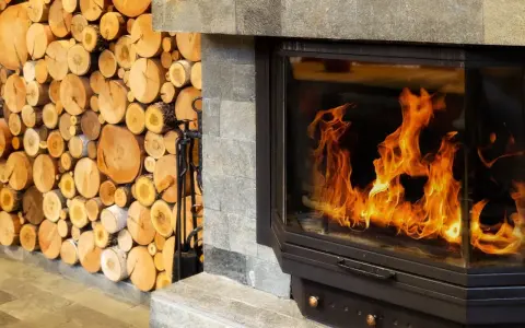 Leña apilada junto a una moderna insert chimenea con llamas danzantes.