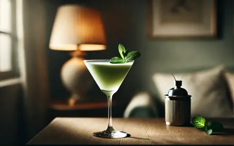 Grön, krämig gräshoppa drink med myntakvist i martiniglas. Bredvid står en metallbehållare och myntablad på träbord.
