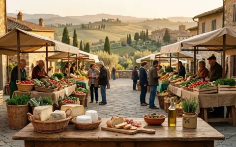 Mercato toscano con prodotti freschi e formaggi, ideale per vacanze enogastronomiche.