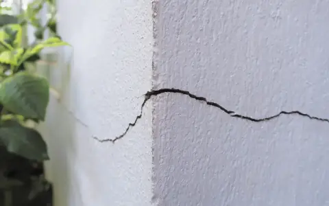 Widoczne pęknięcia ścian zewnętrznych budynku, biegnące wzdłuż narożnika. W tle zieleń roślin.