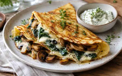 Herzhafte Pfannkuchen gefüllt mit Spinat und Pilzen, überbacken mit Käse, serviert mit Kräuterquark.