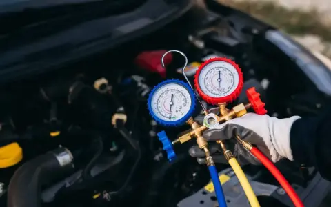 Profesjonalny serwis klimatyzacji samochodowej. Mechanik z manometrami sprawdza układ chłodzenia silnika.