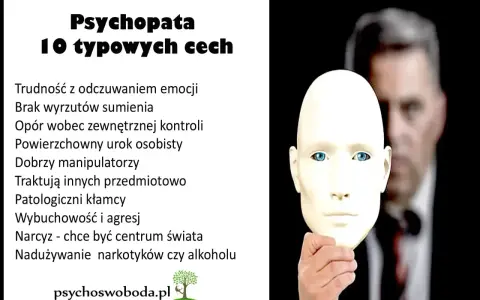Psychopaci są wśród nas. Obraz przedstawia maskę, za którą kryje się człowiek z listą cech psychopaty: brak emocji, manipulacja, kłamstwa.