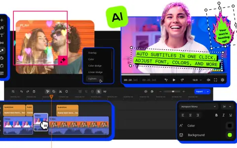 Jak zrobić filmik ze zdjęć? Edytor wideo z funkcjami AI, automatycznymi napisami i opcjami stylizacji tekstu.