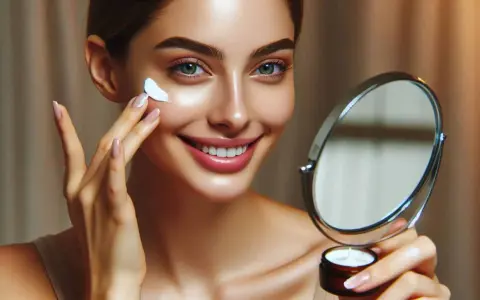 Une femme applique une crème hydratante, cherchant le meilleur correcteur pour ses cernes marrons. Elle se regarde dans un miroir.