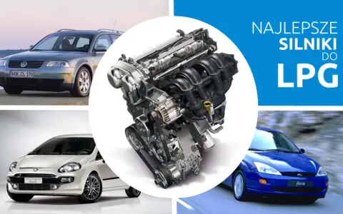 Najlepsze silniki do LPG: Volkswagen Passat, Fiat Punto, Ford Focus i szczegółowy widok jednostki napędowej.