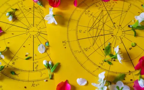 Dwa koła horoskopowe na żółtym tle, ozdobione płatkami kwiatów. 21 czerwiec znak zodiaku.