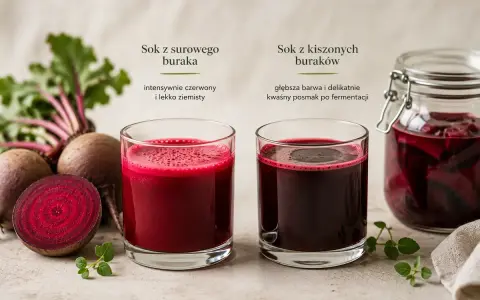 Sok z buraka na co? Dwa szklanki z sokiem: jeden z surowego buraka, drugi z kiszonych buraków. Obok buraki i słoik z kiszonkami.