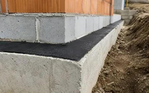 Budowa domu: widoczna izolacja pozioma fundamentów, beton, pustaki i cegła.
