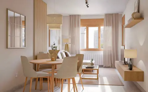 Un salón comedor alargado con mesa redonda y sillas, sofá, estantería flotante y ventana.