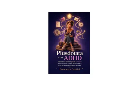 Ragazza pensierosa su libri, circondata da simboli di idee e caos. Copertina libro "Plusdotata con ADHD", che esplora il paradosso di essere geniale e caotica.