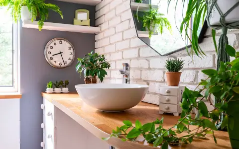 Comment décorer une salle de bain : un lavabo rond sur un meuble en bois, entouré de plantes vertes luxuriantes et d'un miroir mural.