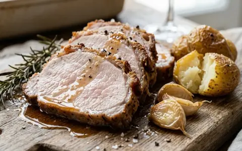 Arista di maiale succulenta, affettata e servita con patate arrosto, aglio e rosmarino su un tagliere di legno.