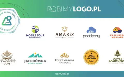 Kolekcja logotypów z różnorodnymi kolorami logo, od turkusowego po złoty, prezentująca realizacje dla branży turystycznej i hotelarskiej.
