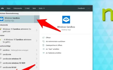 Roter Pfeil zeigt auf "Windows Sandbox" in der Suche. Die Windows 10 Sandbox ist eine Desktop-App für sicheres Testen.