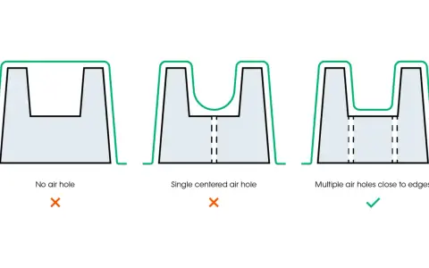 Diagram showing thermoforming plastic results: no air hole (X), single centered air hole (X), and multiple air holes near edges (✓).