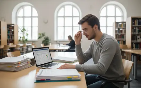Młody mężczyzna w okularach analizuje dane na laptopie w bibliotece. Może to być jego sposób na poradzenie sobie ze zmianą uczelni z niezaliczonym przedmiotem.
