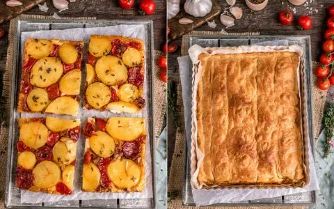 Herzhafte Tarte Tatin mit Kartoffeln und Tomaten, daneben eine goldbraune Teigkruste.