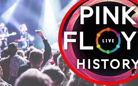 Koncertowa atmosfera, tłum na koncercie, logo "Pink Floyd Live History". Marzenie o Pink Floyd w Polsce staje się rzeczywistością.