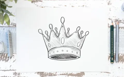 Szkic korony na papierze, pokazujący jak narysować koronę krok po kroku. Obok leżą ołówki i gumka.
