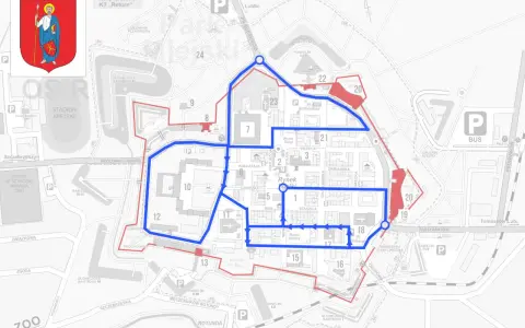 Mapa pokazuje, gdzie leży Zamość, z zaznaczoną trasą spacerową po fortyfikacjach i Starym Mieście.