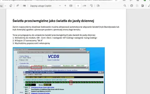 Ekran programu VCDS z instrukcją kodowania świateł przeciwmgielnych jako dziennych.