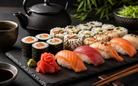 Piękna taca z sushi: rolki z łososiem, tuńczykiem, krewetką, nigiri i dodatkami. Obok czajniczek i miseczka z sosem. Idealna zaprawa do sushi.