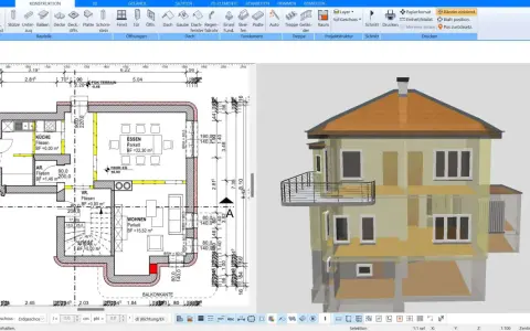 Ein Haus mit 3 Stockwerken, wie hoch es ist, wird hier in einer 3D-Ansicht und einem Grundriss gezeigt.