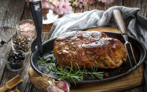 Rozpływająca się karkówka z piekarnika, soczysta i aromatyczna, podana z rozmarynem i czosnkiem.