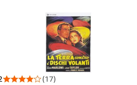 Locandina del film "La Terra contro i dischi volanti", con una coppia spaventata circondata da dischi volanti colorati.