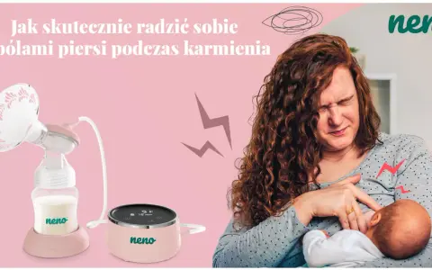 Kobieta z bólem piersi podczas karmienia piersią. Obok laktator Neno, który może pomóc złagodzić dyskomfort.