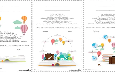 Wkładki do książek do edycji z motywem podróży i nauki. Balony, globusy i walizka symbolizują przygody, które czekają na dzieci w świecie książek.