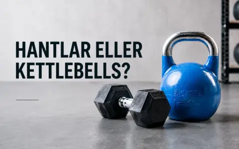 En blå kettlebell och en svart hantel ligger på ett betonggolv. Texten "Hantlar eller Kettlebells?" syns i bakgrunden. Ett kettlebell program kan använda båda.