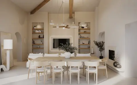Un salon scandinave moderne aux tons clairs, avec une grande table en bois, des chaises épurées, des étagères murales et une cheminée.