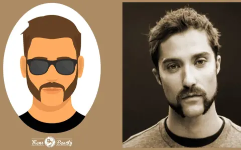 Ilustración y foto de hombre con corte de patillas y barba de chivo.