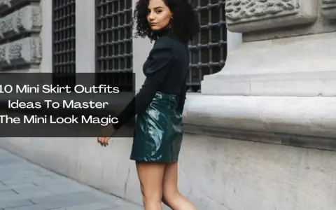 A woman models a shiny green mini skirt and black top, showcasing a chic mini skirt and boots outfit idea.