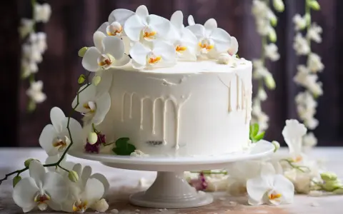 Elegancki tort komunijny boho ozdobiony białymi orchideami i kremowym lukrem z efektem spływania.