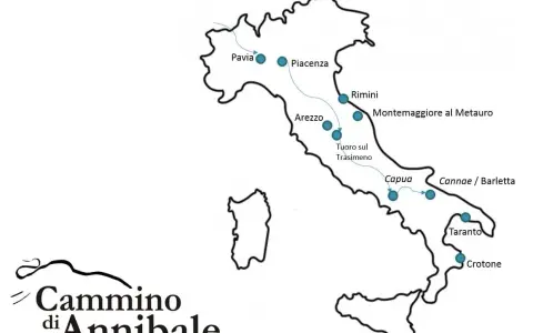 Mappa del Cammino di Annibale, che ripercorre le tappe storiche in Italia da Pavia a Crotone, passando per Piacenza, Rimini, Arezzo e Capua.