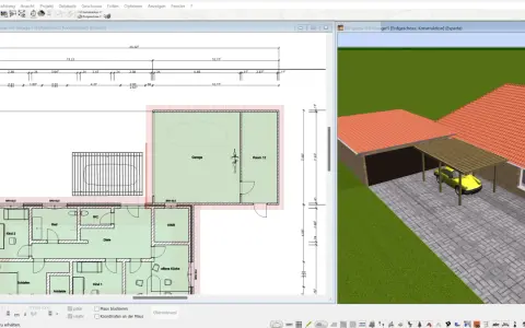 Bauplan eines Bungalows mit Garage und Carport. Die grenzbebauung garage ist im Plan detailliert.