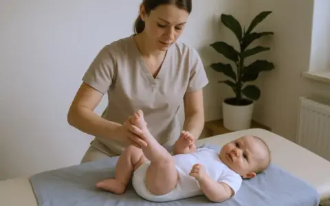 Doświadczony fizjoterapeuta niemowlęcy delikatnie masuje nóżki maluszka, dbając o jego prawidłowy rozwój.