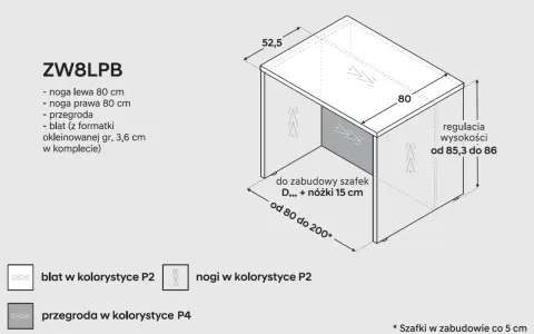 Wymiary szafki: głębokość 52,5 cm, szerokość wyspy kuchennej 80 cm. Regulacja wysokości od 85,3 do 86 cm.