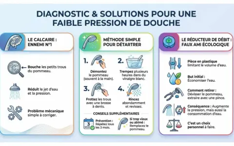 Diagnostic et solutions pour une faible pression de douche : le calcaire bouche les trous du pommeau. Pour déboucher douche, démontez, trempez dans vinaigre, frottez et rincez.
