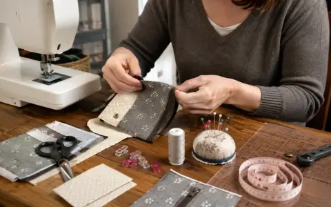 Tuto enveloppe rectangulaire : mains cousant un portefeuille en tissu, avec machine à coudre, ciseaux, épingles et ruban à mesurer.