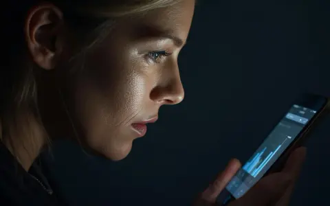 Mujer revisa su móvil, buscando información para cambiar compañía luz. La pantalla ilumina su rostro pensativo.