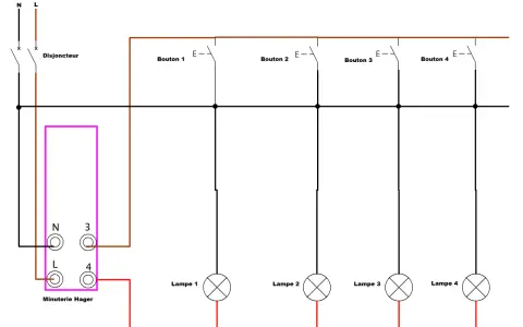 Schéma électrique avec une minuterie Hager, un disjoncteur, quatre boutons et quatre lampes.